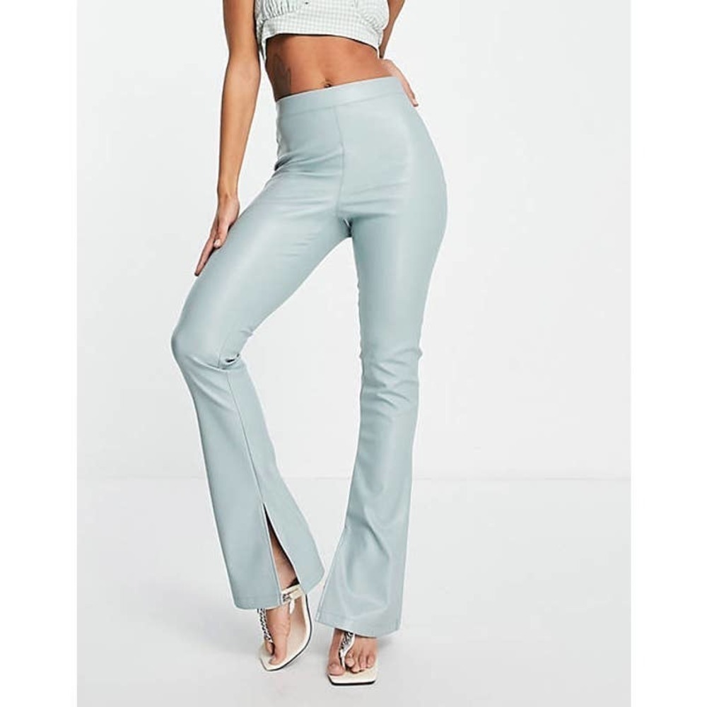 Topshop Faux Leather Flared Trouser with Split Hem in Blue Size 4 NWOT